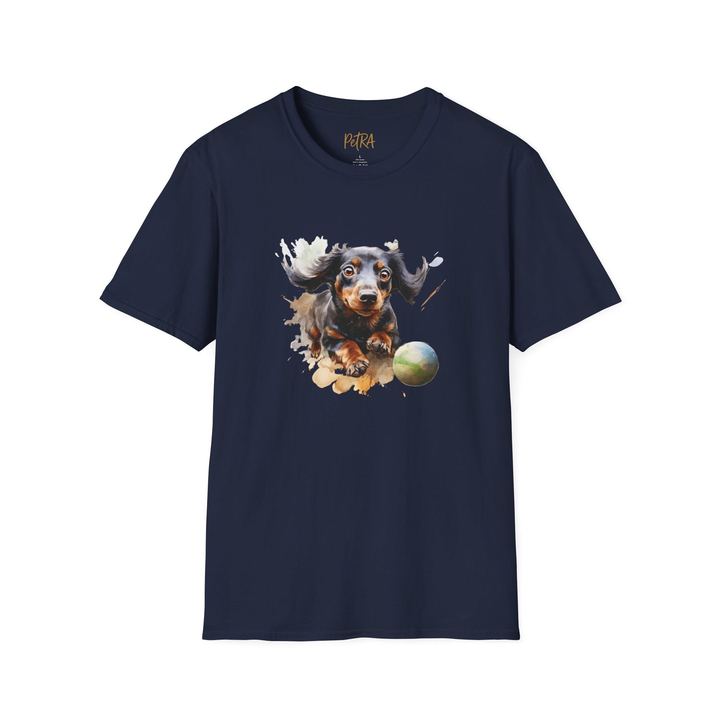 Dachshund T Shirt – Watercolor Ball-Chase Design – Unisex Fit
