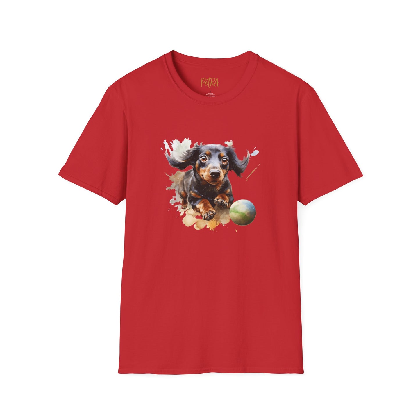 Dachshund T Shirt – Watercolor Ball-Chase Design – Unisex Fit