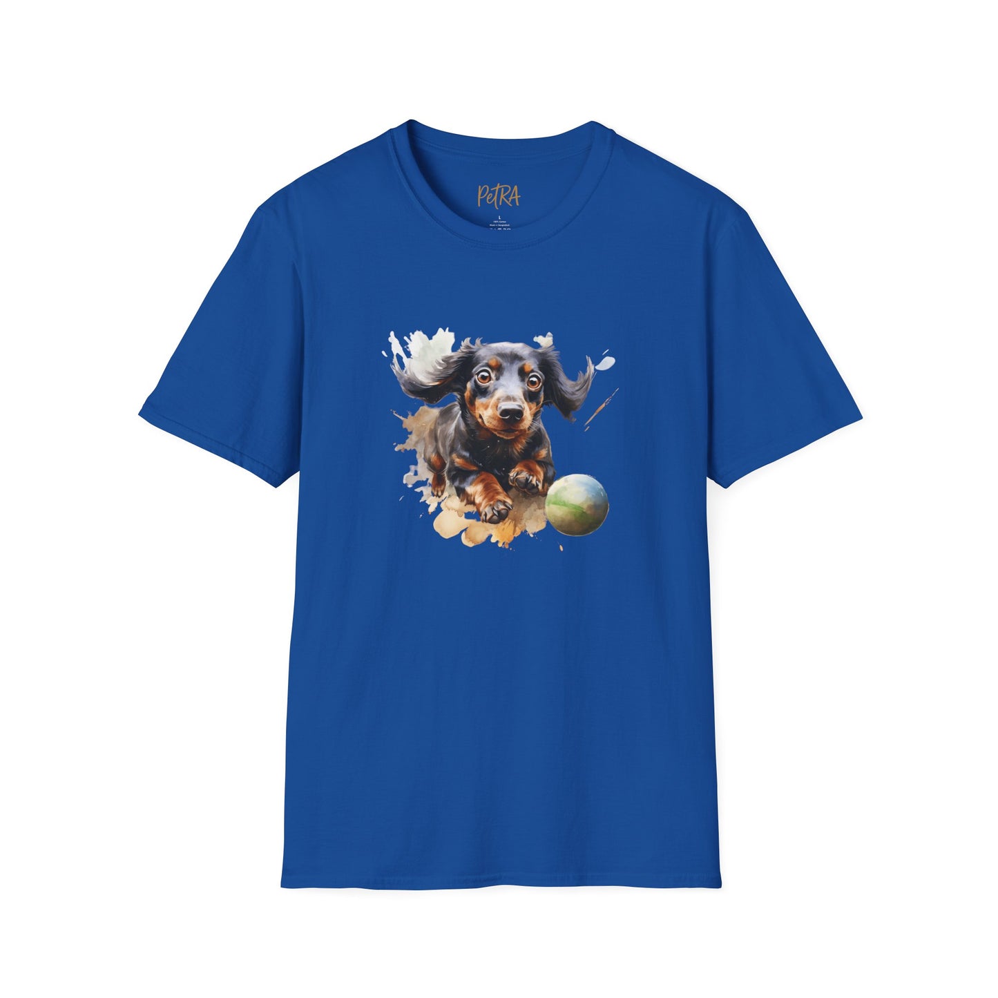 Dachshund T Shirt – Watercolor Ball-Chase Design – Unisex Fit