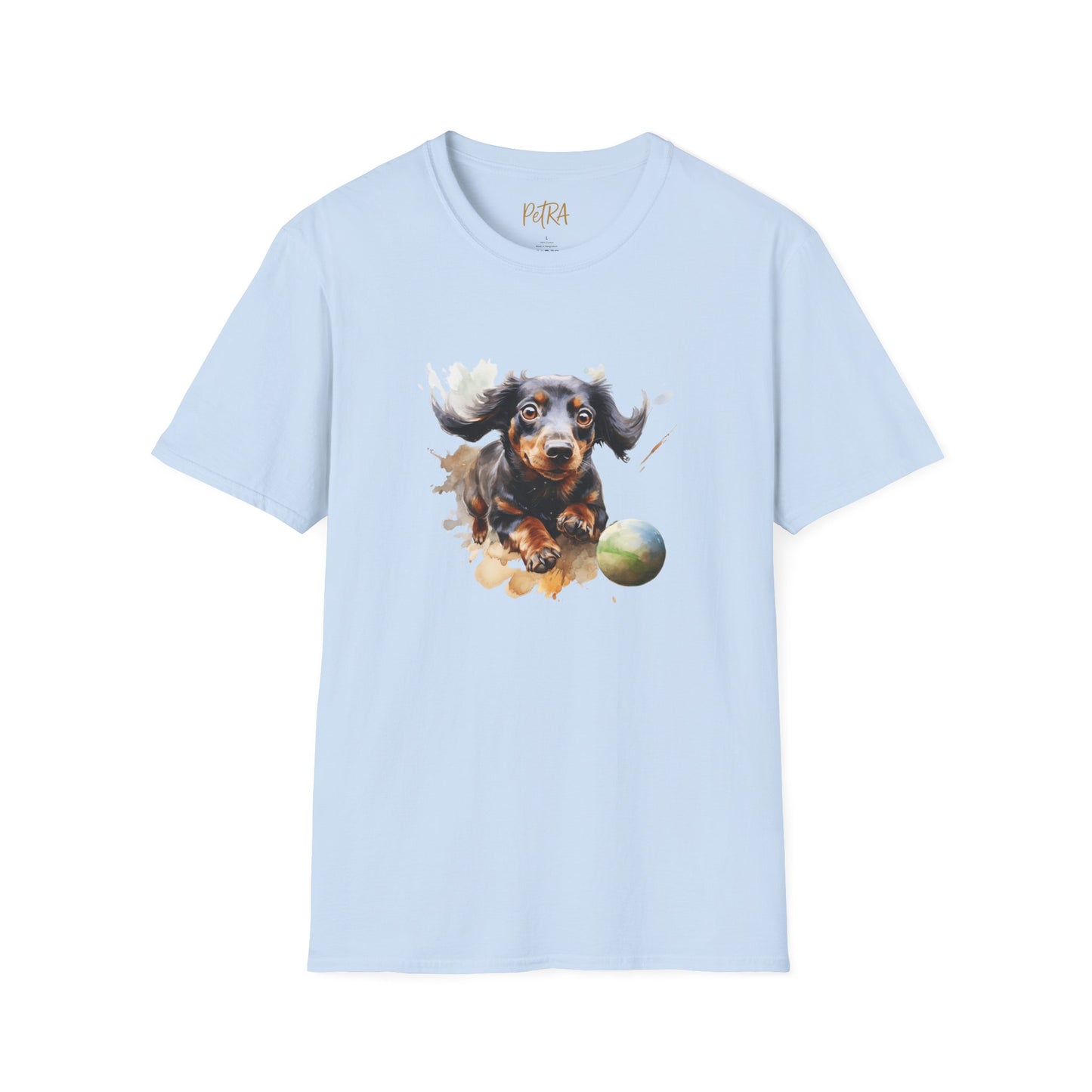 Dachshund T Shirt – Watercolor Ball-Chase Design – Unisex Fit