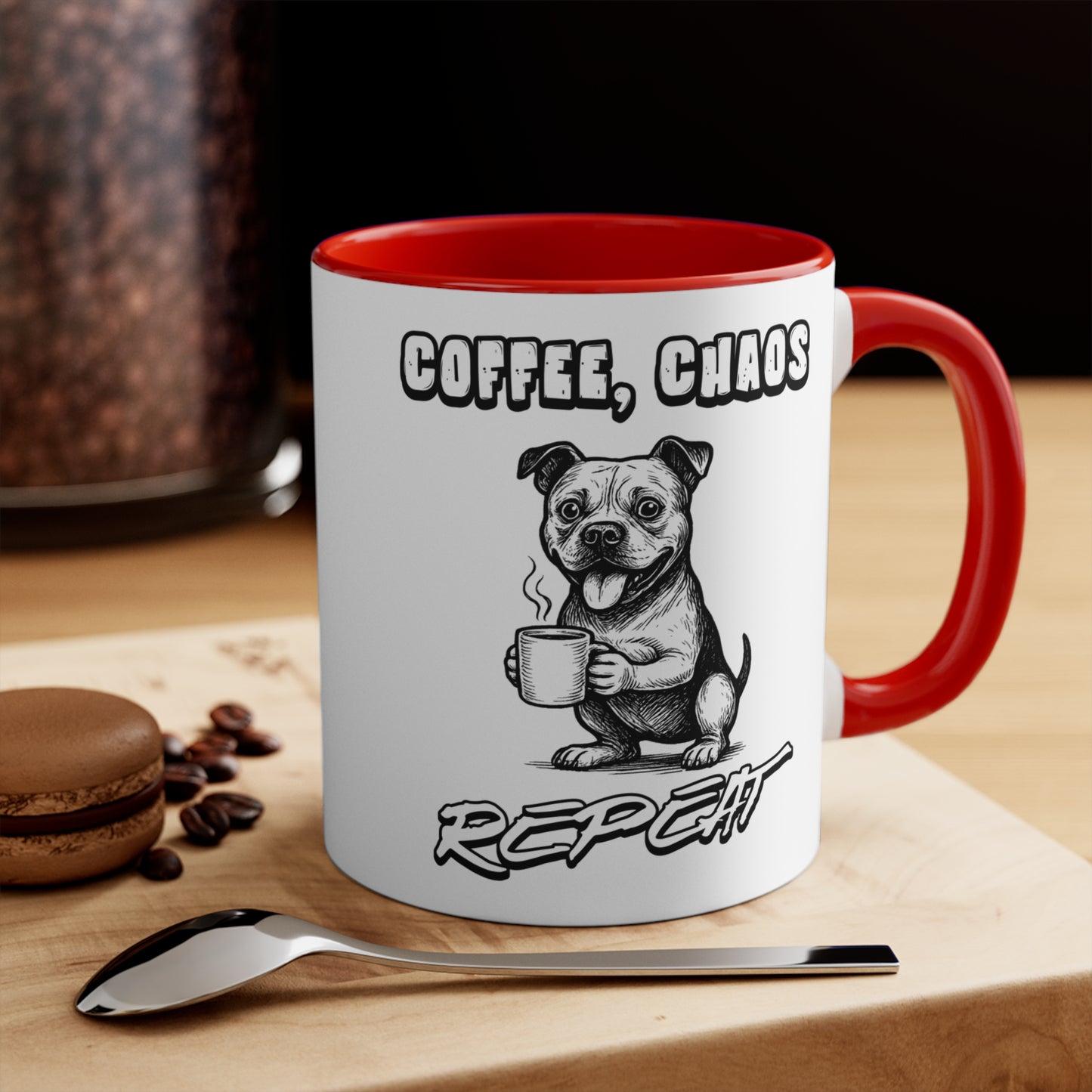 Staffy Mug – 'Coffee Chaos Repeat' Design – 11oz Accent