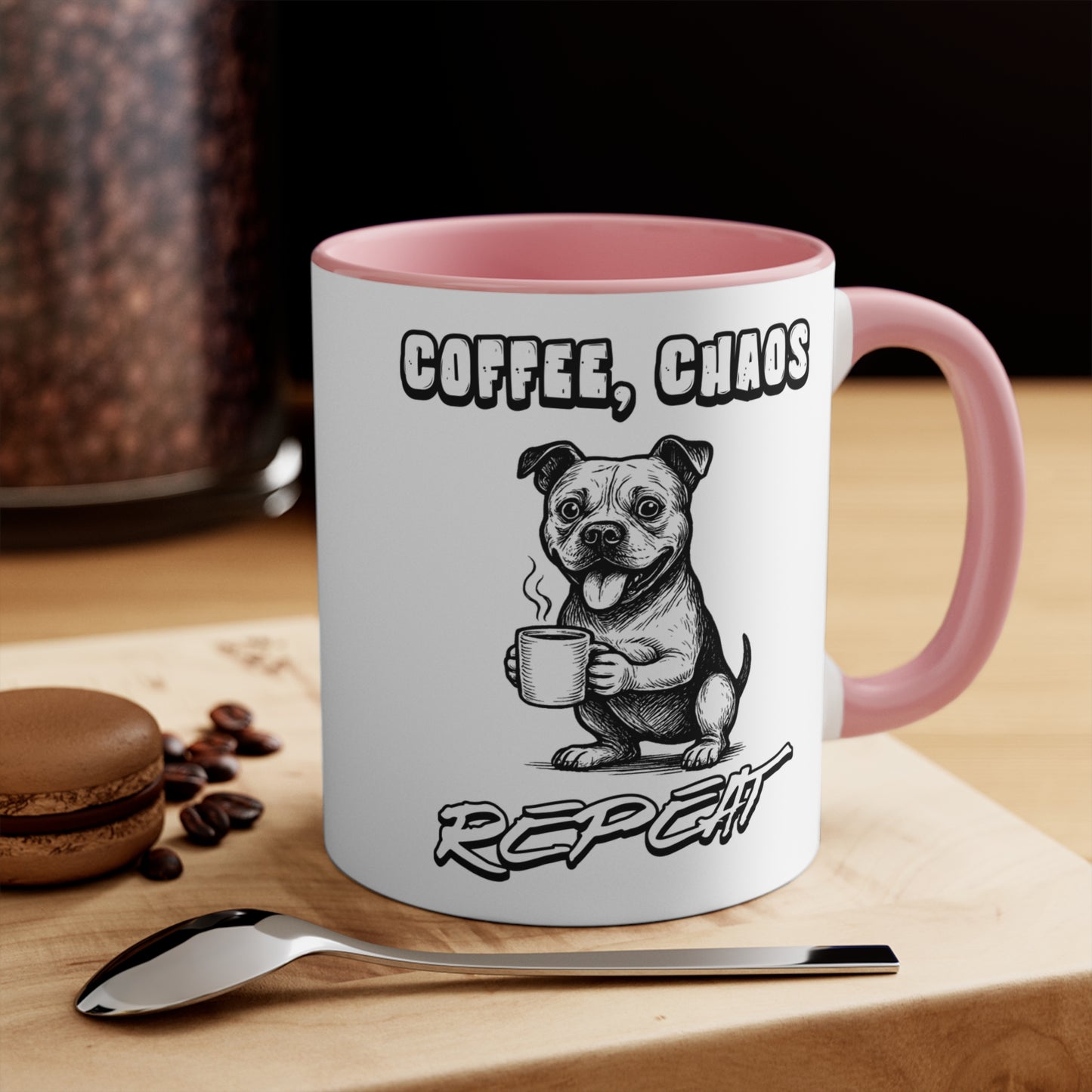 Staffy Mug – 'Coffee Chaos Repeat' Design – 11oz Accent