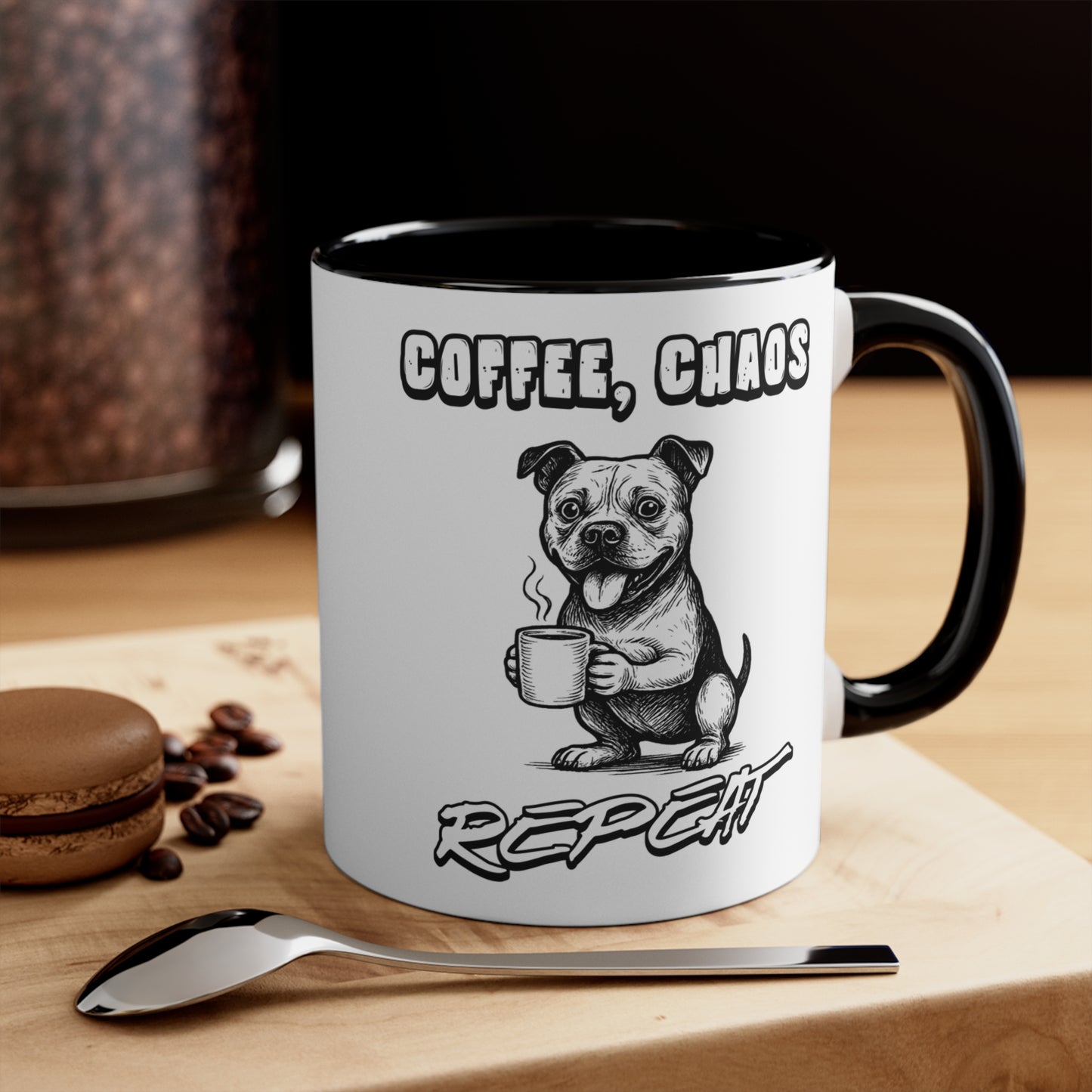 Staffy Mug – 'Coffee Chaos Repeat' Design – 11oz Accent