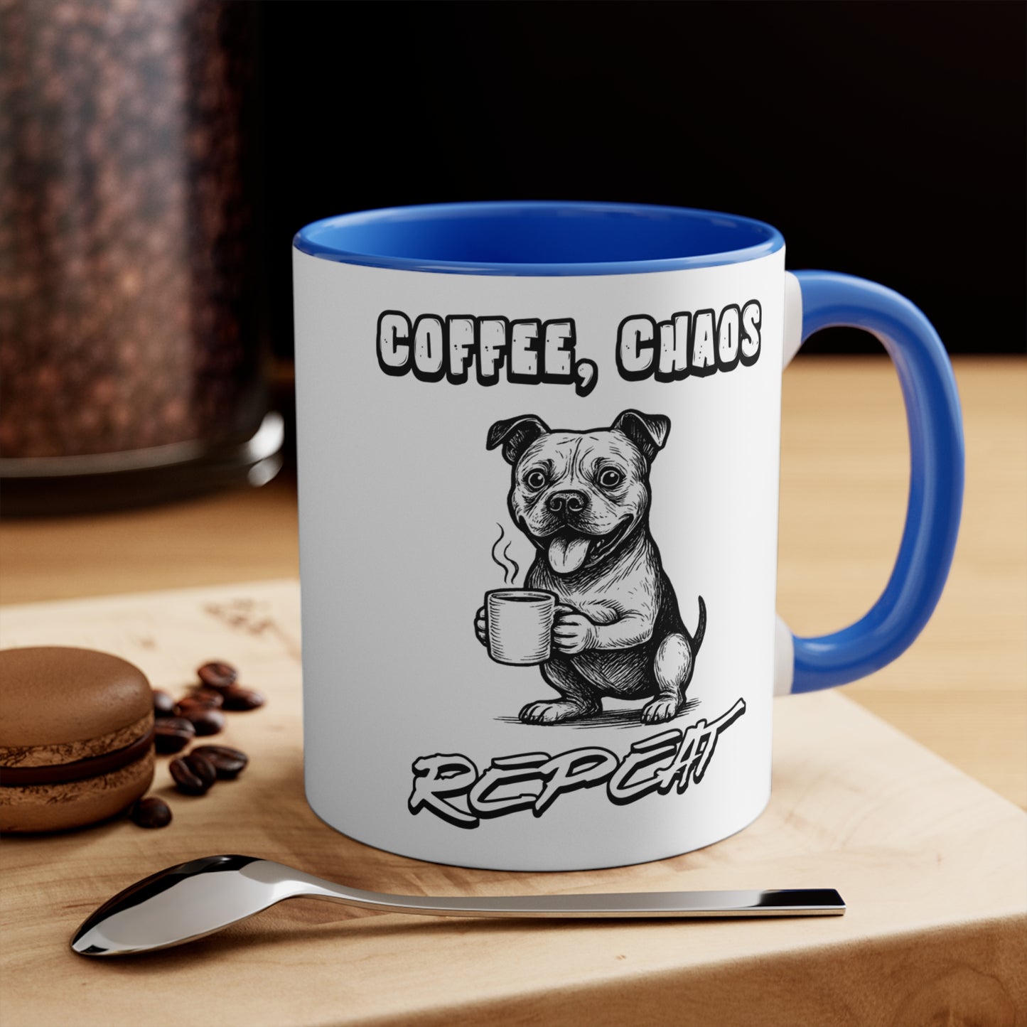 Staffy Mug – 'Coffee Chaos Repeat' Design – 11oz Accent