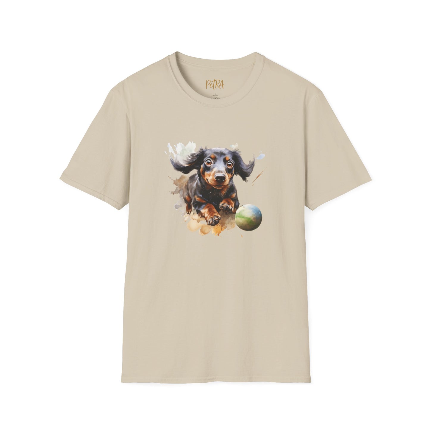 Dachshund T Shirt – Watercolor Ball-Chase Design – Unisex Fit