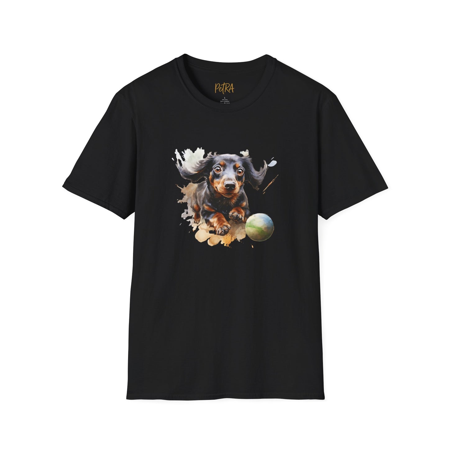 Dachshund T Shirt – Watercolor Ball-Chase Design – Unisex Fit