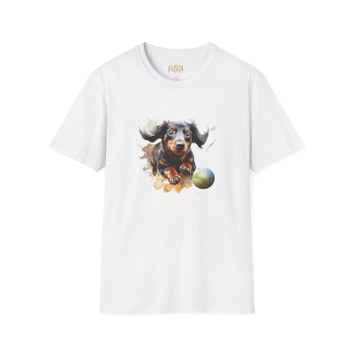 Dachshund T Shirt – Watercolor Ball-Chase Design – Unisex Fit