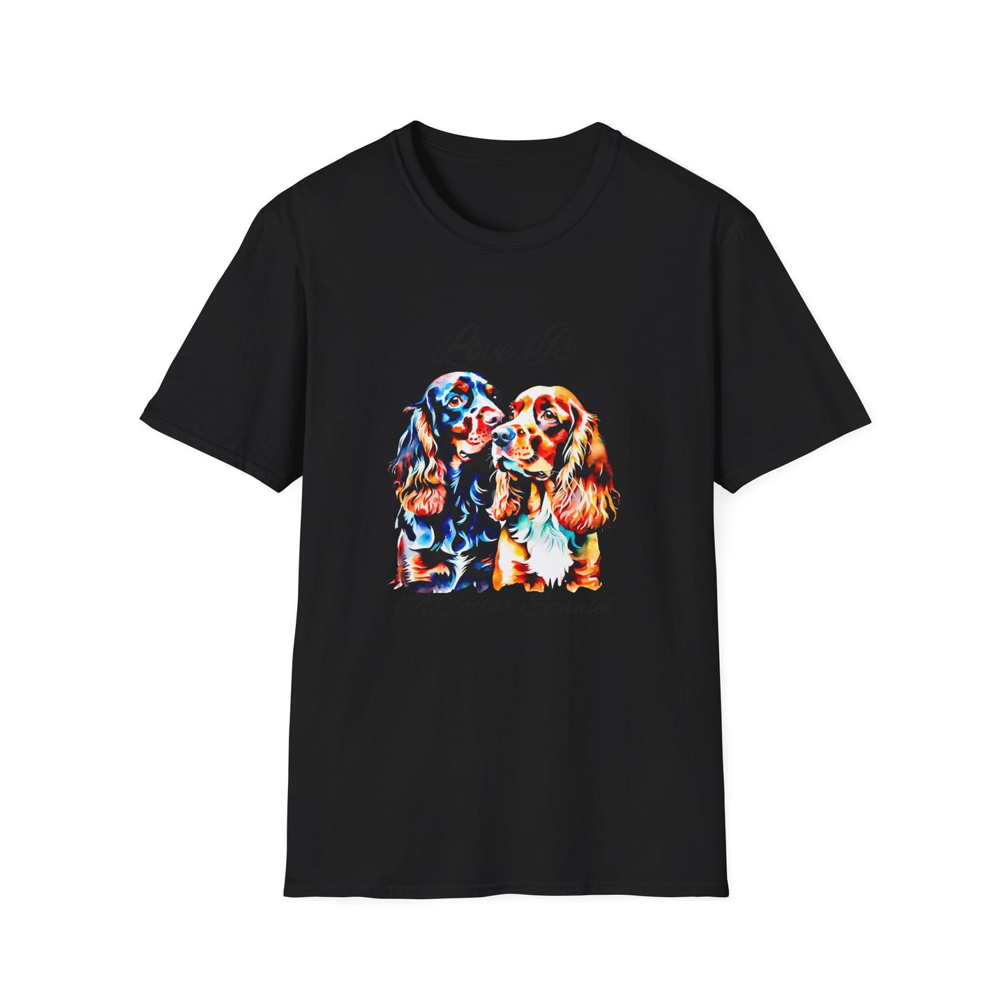 Cocker Spaniel T Shirt – 'Love Is' Vibrant Duo Portrait – Unisex Fit