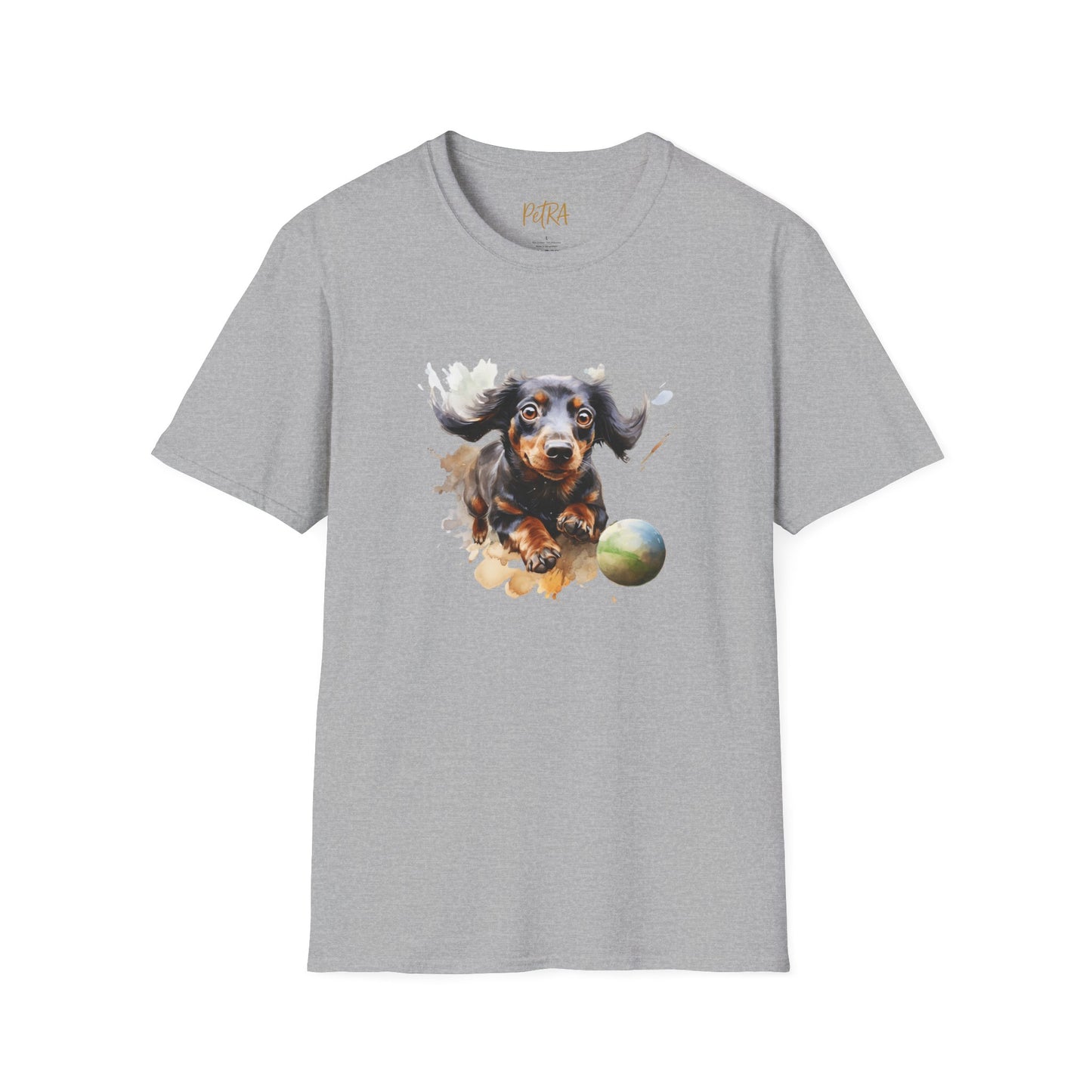 Dachshund T Shirt – Watercolor Ball-Chase Design – Unisex Fit