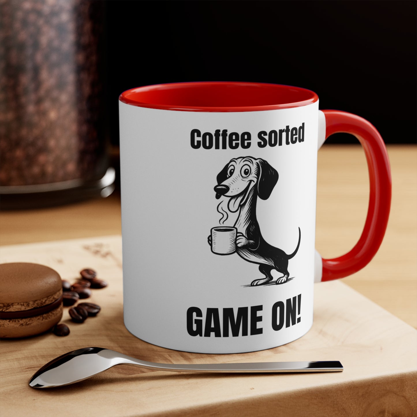 Dachshund Mug – 'Coffee Sorted GAME ON' Design – 11oz Accent
