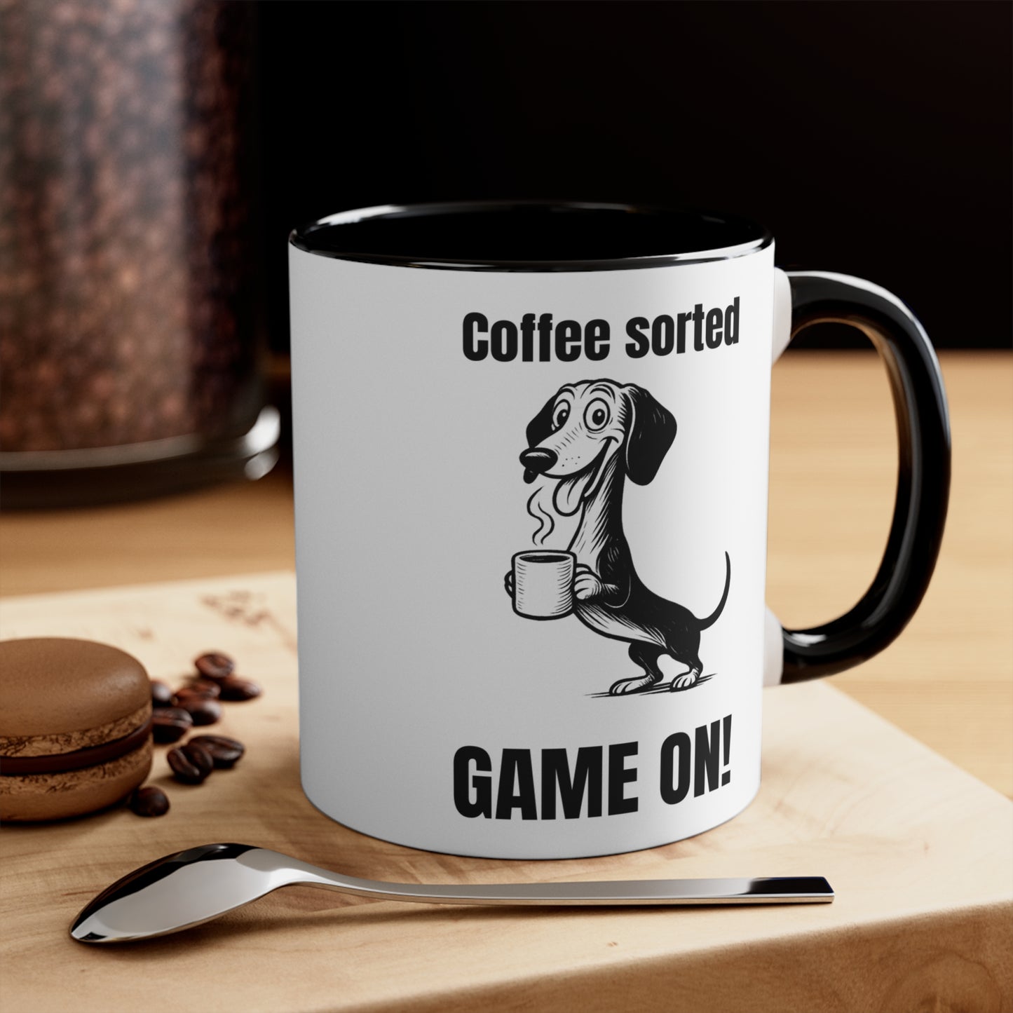 Dachshund Mug – 'Coffee Sorted GAME ON' Design – 11oz Accent