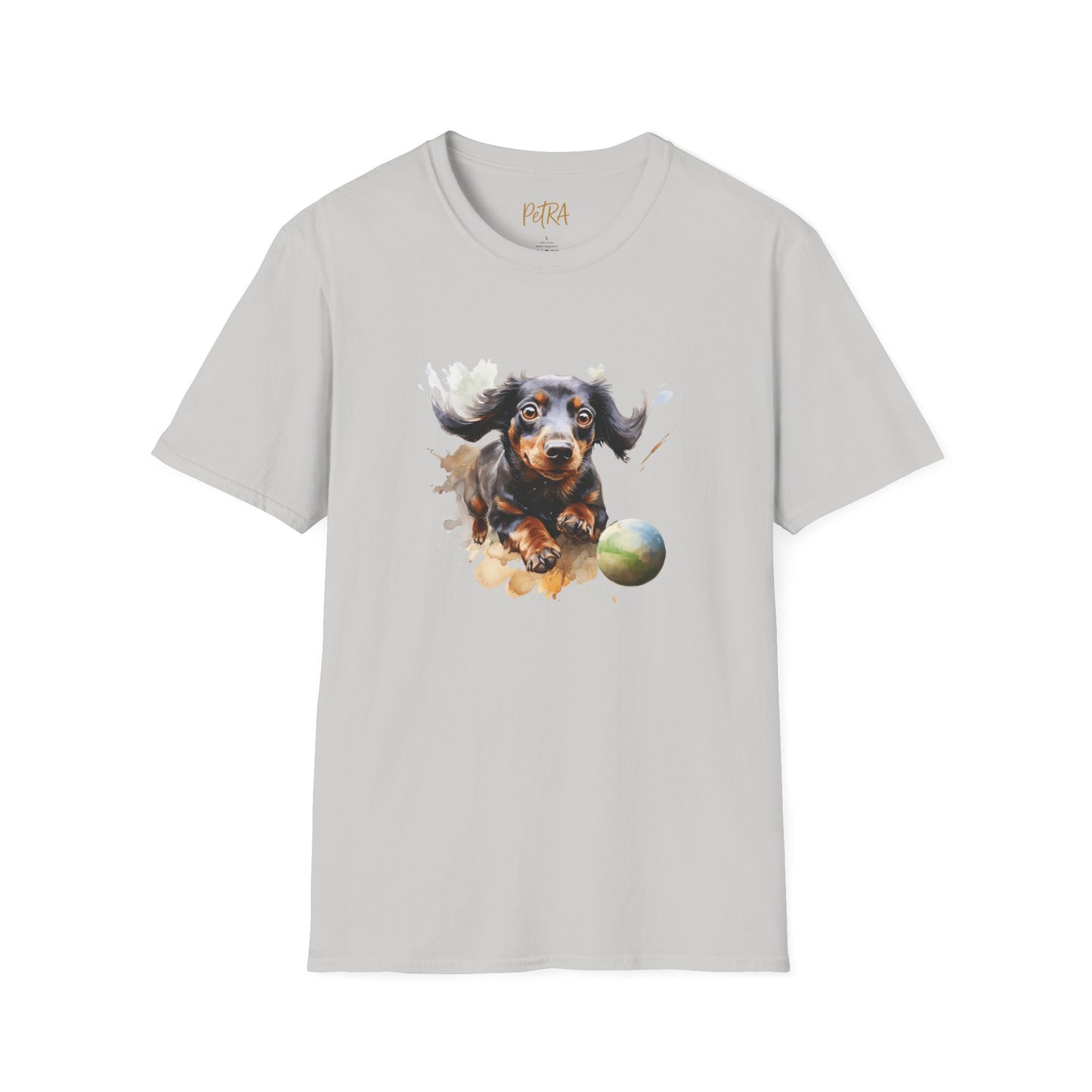 Dachshund T Shirt – Watercolor Ball-Chase Design – Unisex Fit