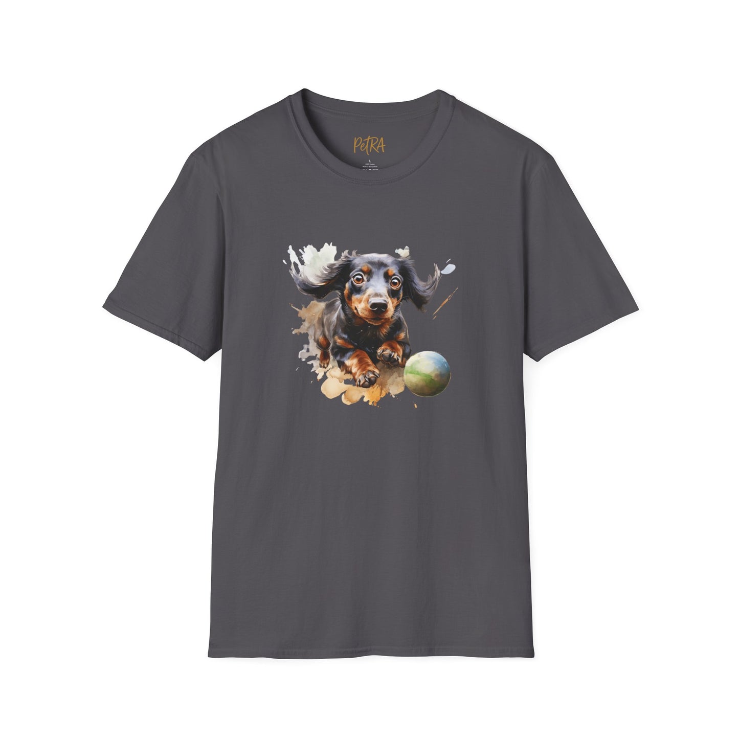 Dachshund T Shirt – Watercolor Ball-Chase Design – Unisex Fit