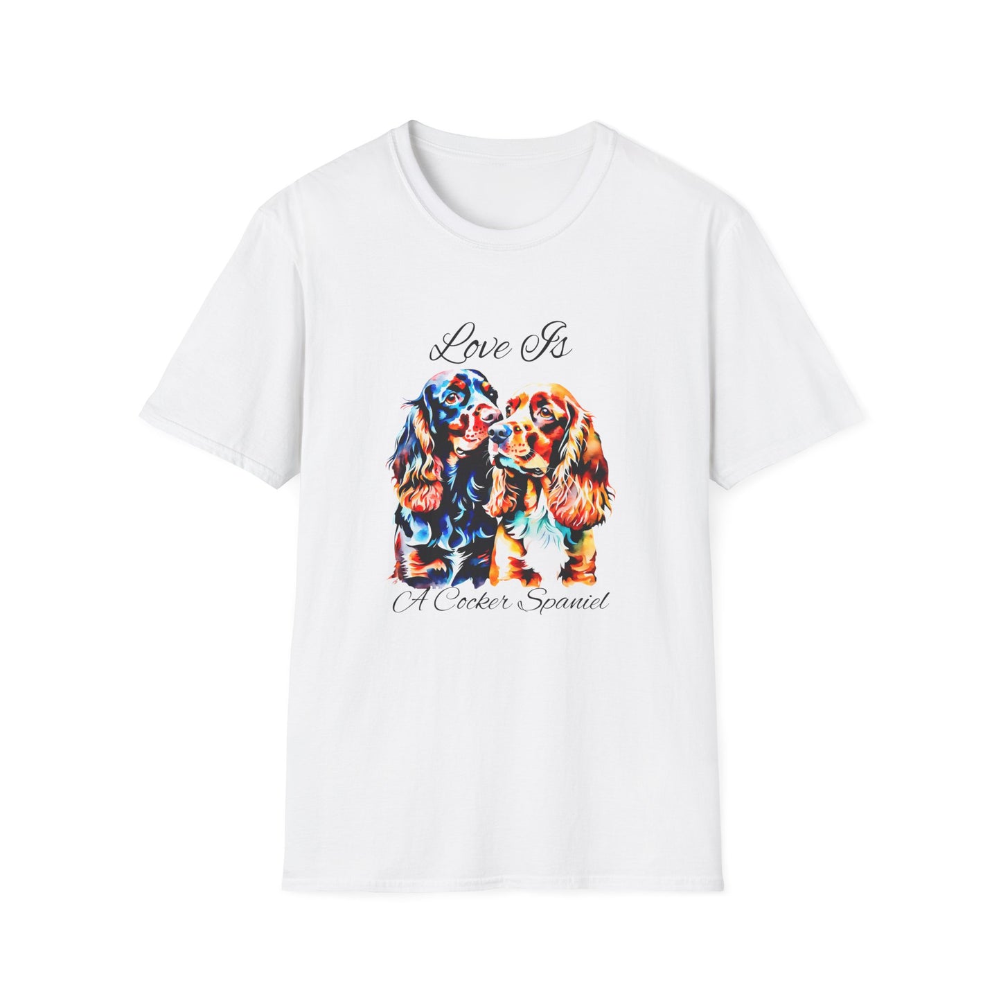 Cocker Spaniel T Shirt – 'Love Is' Vibrant Duo Portrait – Unisex Fit