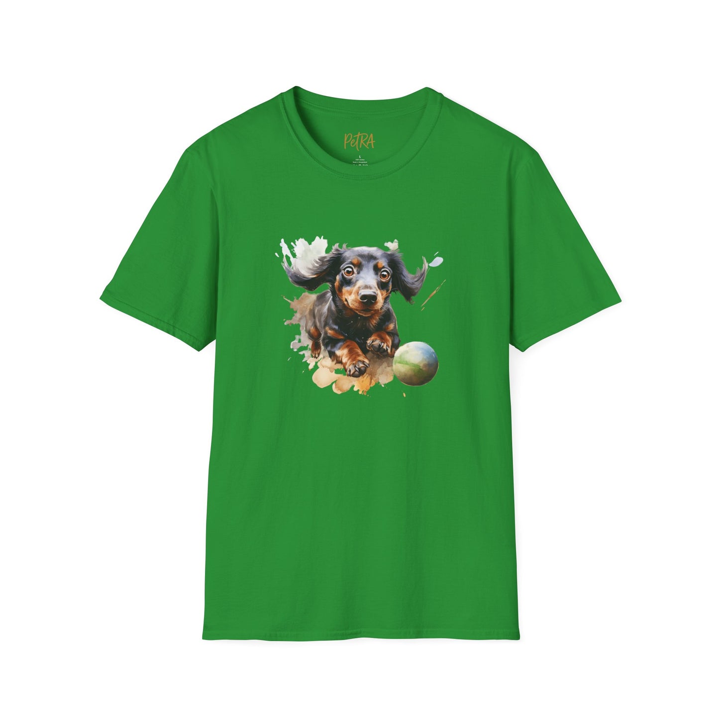 Dachshund T Shirt – Watercolor Ball-Chase Design – Unisex Fit