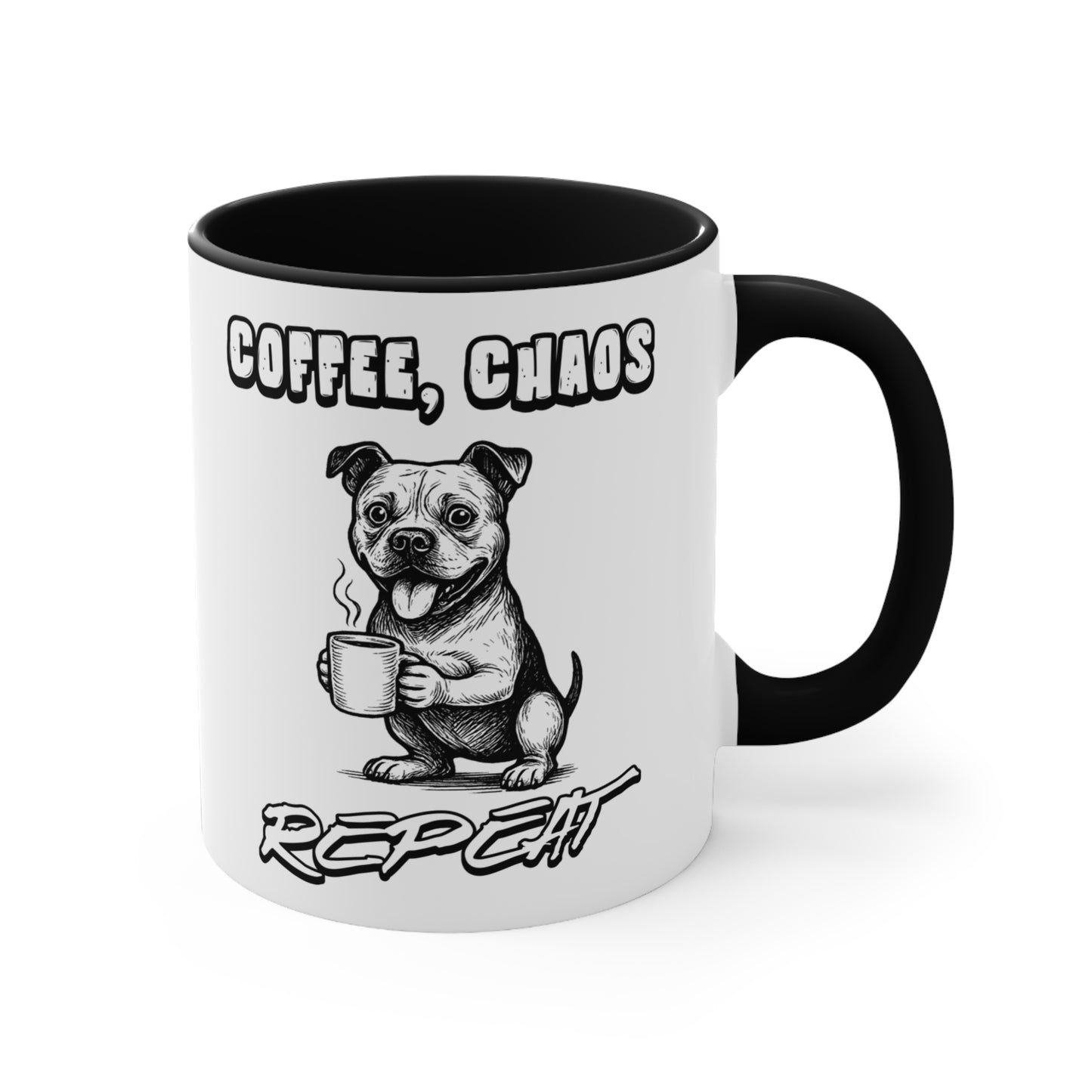 Staffy Mug – 'Coffee Chaos Repeat' Design – 11oz Accent