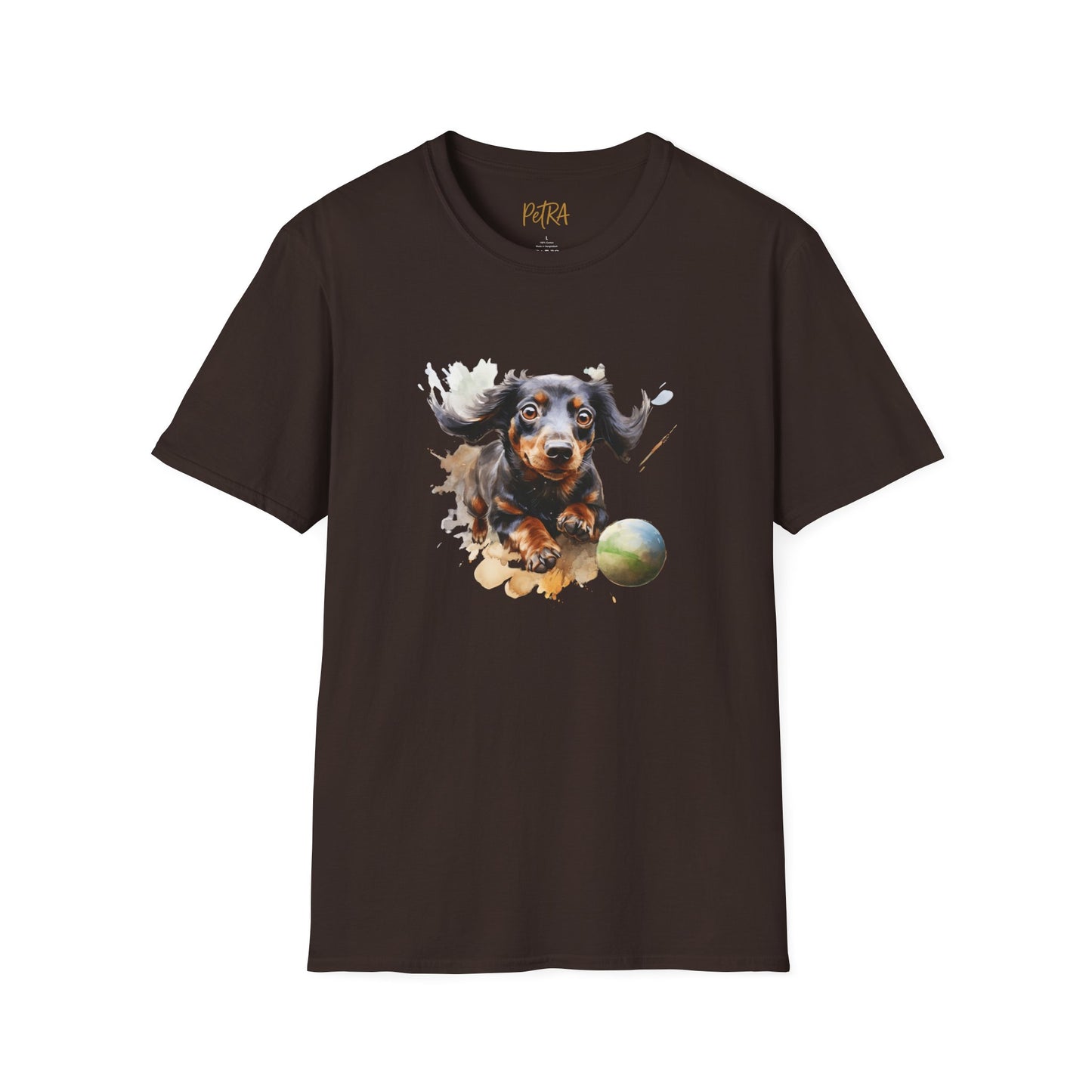 Dachshund T Shirt – Watercolor Ball-Chase Design – Unisex Fit