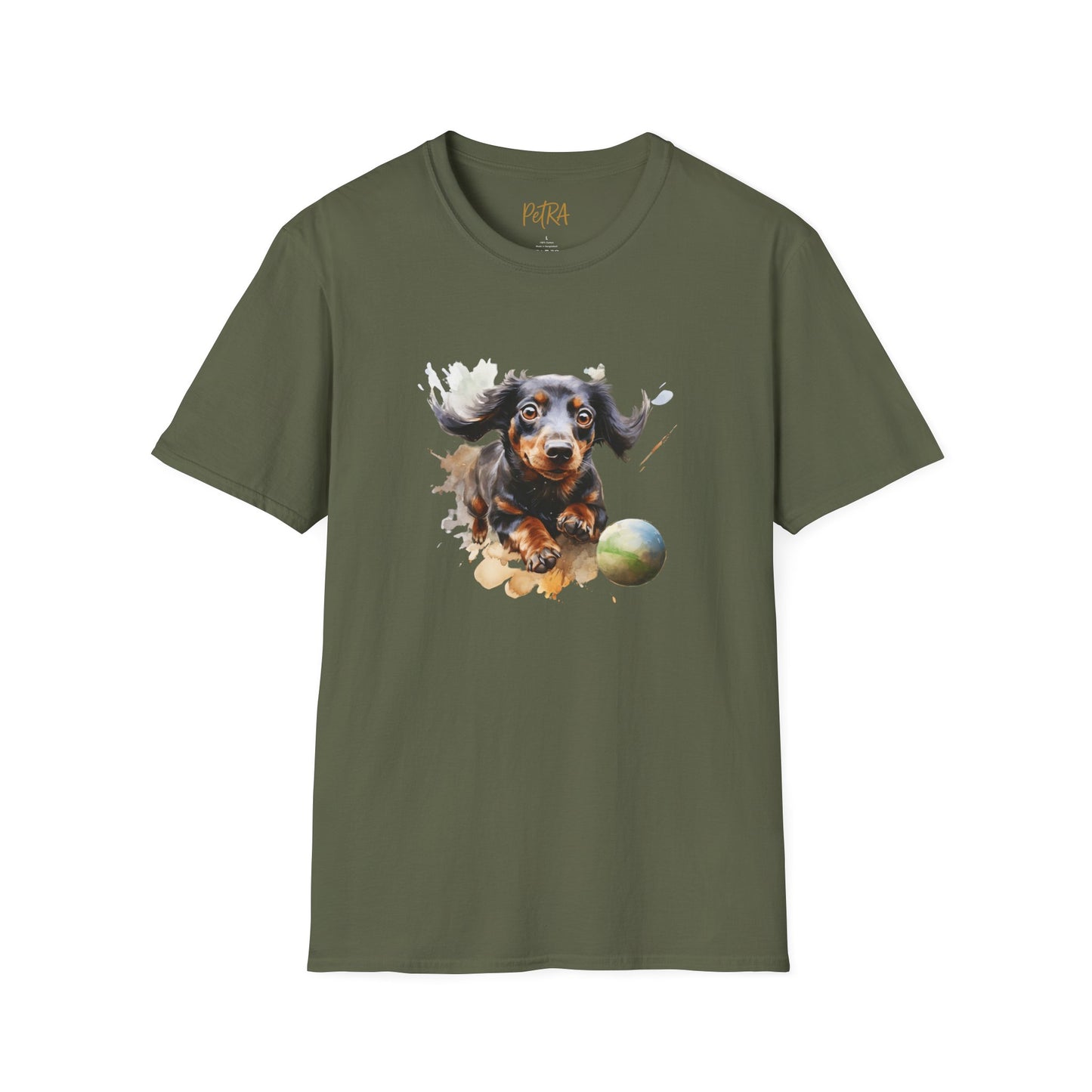 Dachshund T Shirt – Watercolor Ball-Chase Design – Unisex Fit