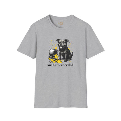 Staffy T Shirt – 'No Thanks Needed' Spilled Paint Design – Unisex Fit