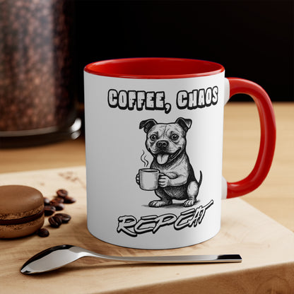 Staffy Mug – 'Coffee Chaos Repeat' Design – 11oz Accent