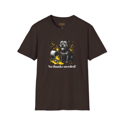 Staffy T Shirt – 'No Thanks Needed' Spilled Paint Design – Unisex Fit