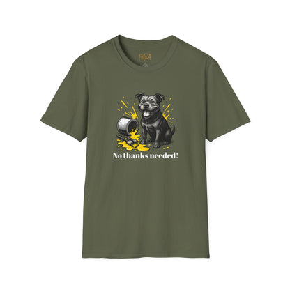 Staffy T Shirt – 'No Thanks Needed' Spilled Paint Design – Unisex Fit