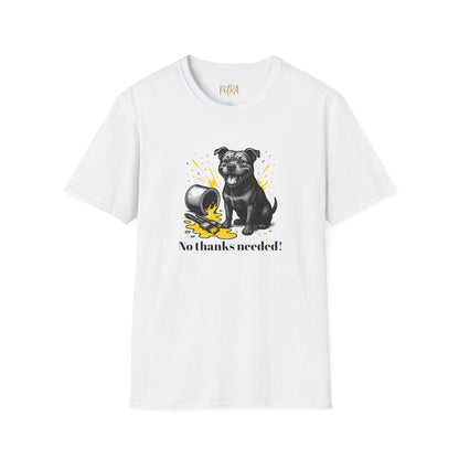Staffy T Shirt – 'No Thanks Needed' Spilled Paint Design – Unisex Fit