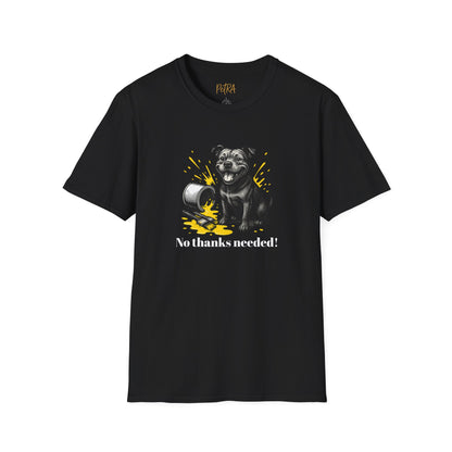 Staffy T Shirt – 'No Thanks Needed' Spilled Paint Design – Unisex Fit