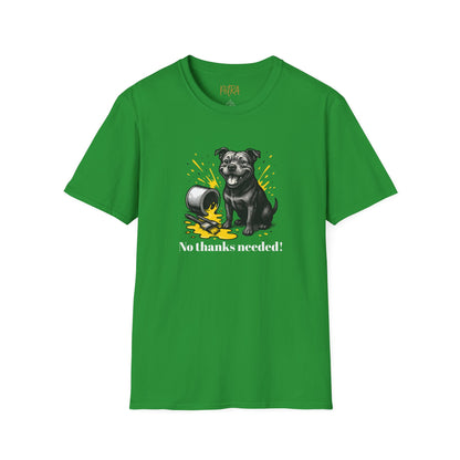 Staffy T Shirt – 'No Thanks Needed' Spilled Paint Design – Unisex Fit